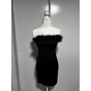 Vintage Deadstock Madrag Black Tube Dress Feather‎ Trim Strapless Mini Party Med